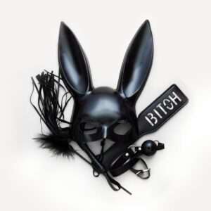 masque et acessoires bdsm bondage en cuir noir cravache et paddle lovatoy