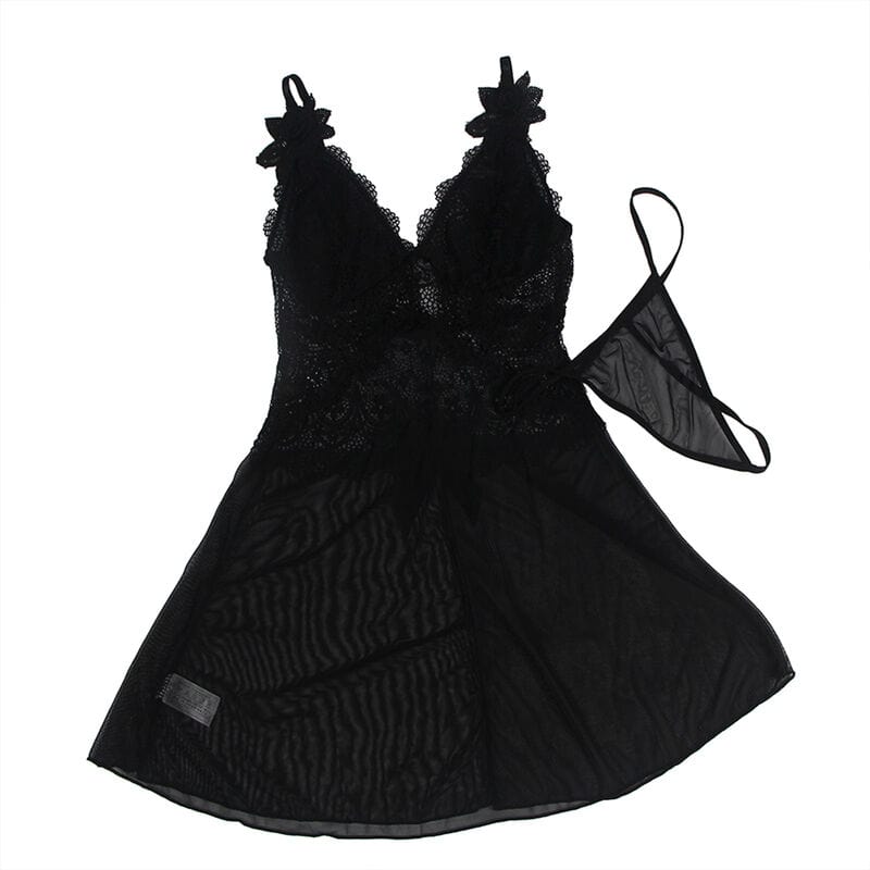 SUBBLIME - BABYDOLL TELA DE TUL DETALLE ENCAJE Y FLOR NEGRO S/M – Image 3
